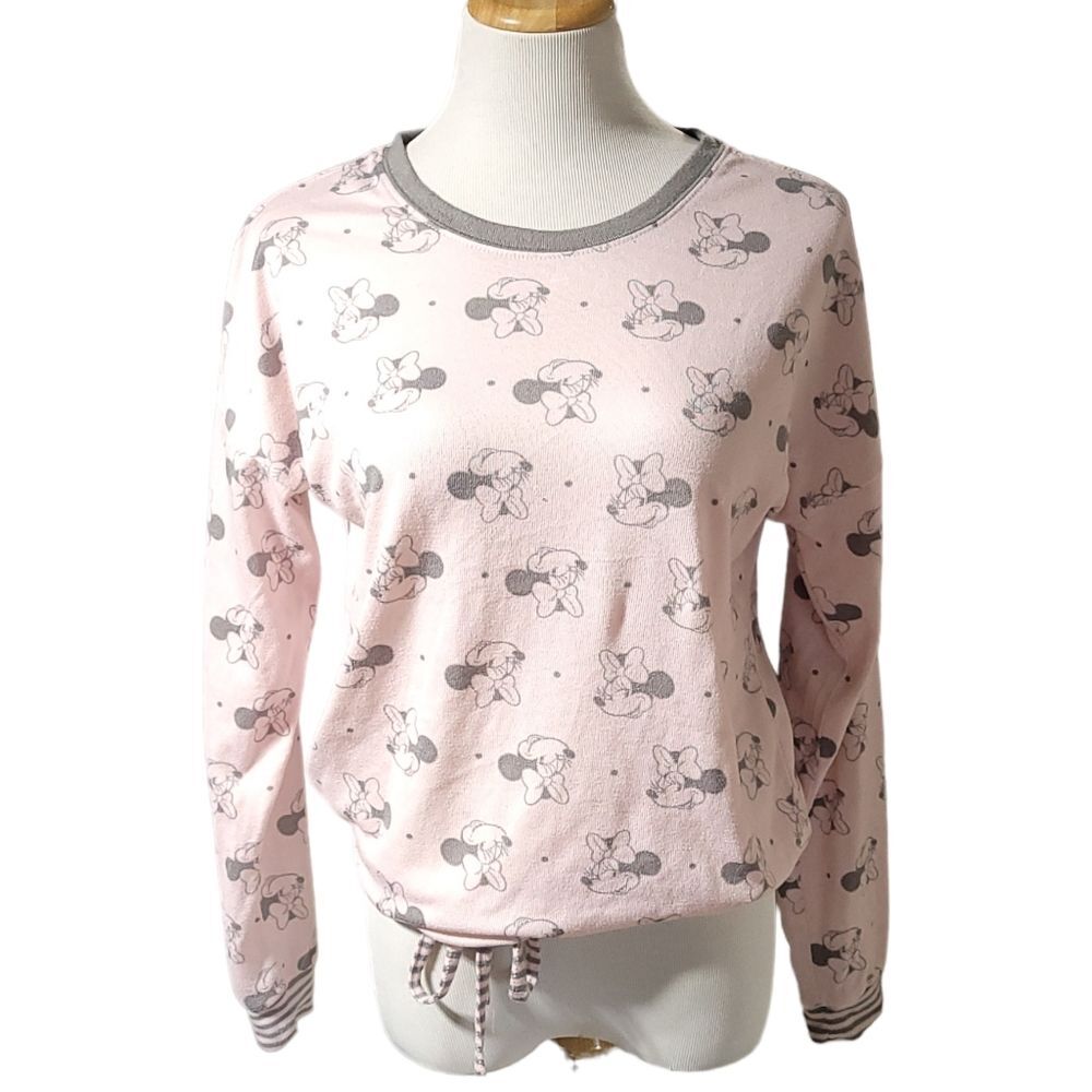 DISNEY Minnie Mouse Printed Cozy Lounge  Pajama  Top Pink Grey Size Small